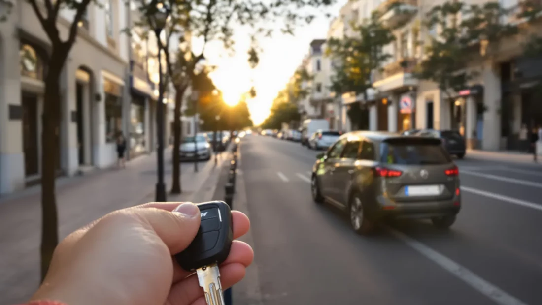 Citadine moderne garée dans une rue européenne avec des clés de voiture au premier plan