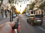 Citadine moderne garée dans une rue européenne avec des clés de voiture au premier plan