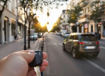 Citadine moderne garée dans une rue européenne avec des clés de voiture au premier plan