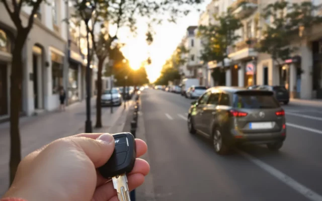 Citadine moderne garée dans une rue européenne avec des clés de voiture au premier plan