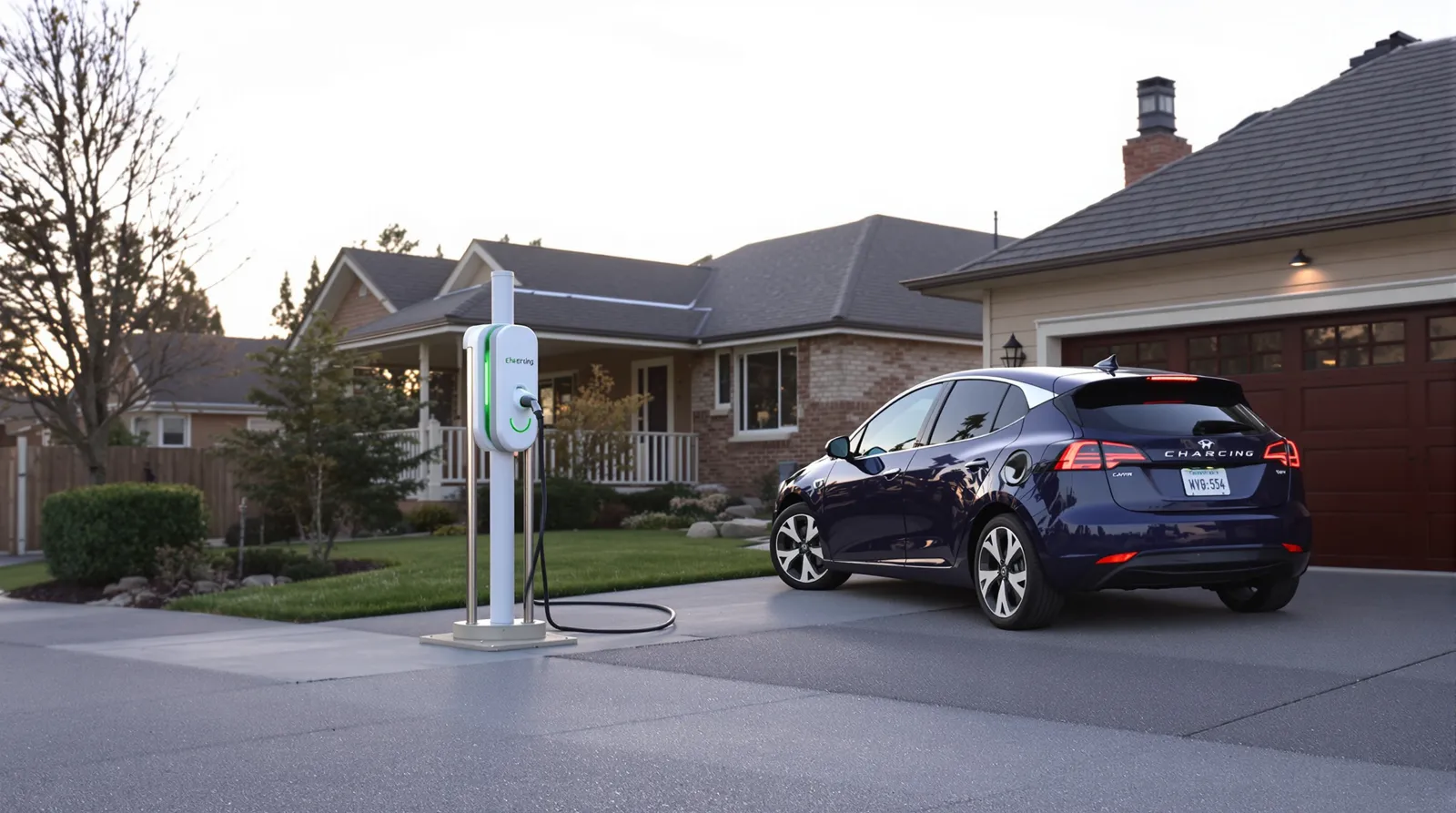 Borne de recharge sur pied dans une allée de maison avec voiture électrique en charge