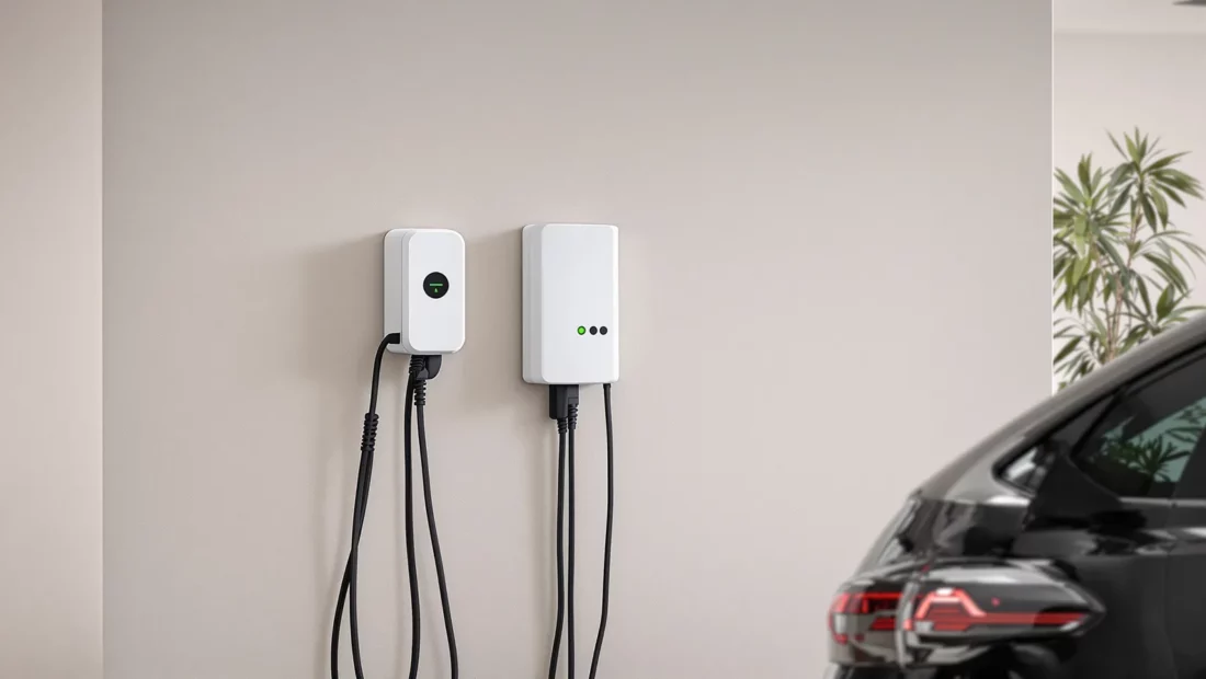 Borne de recharge murale dans un garage de maison avec voiture électrique branchée
