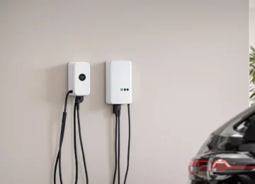 Borne de recharge murale dans un garage de maison avec voiture électrique branchée