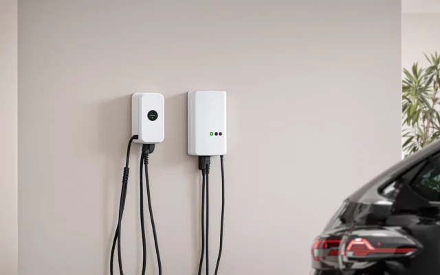 Borne de recharge murale dans un garage de maison avec voiture électrique branchée