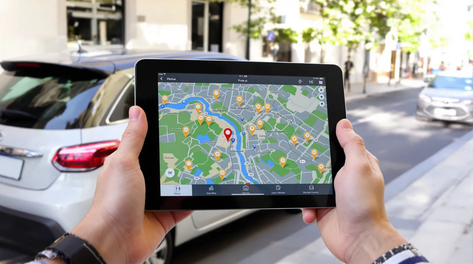 Automobiliste comparant des centres de contrôle technique sur une tablette près de sa voiture