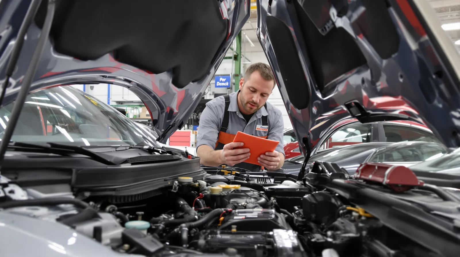 Inspection du compartiment moteur d'une voiture d'occasion par un acheteur et un mécanicien