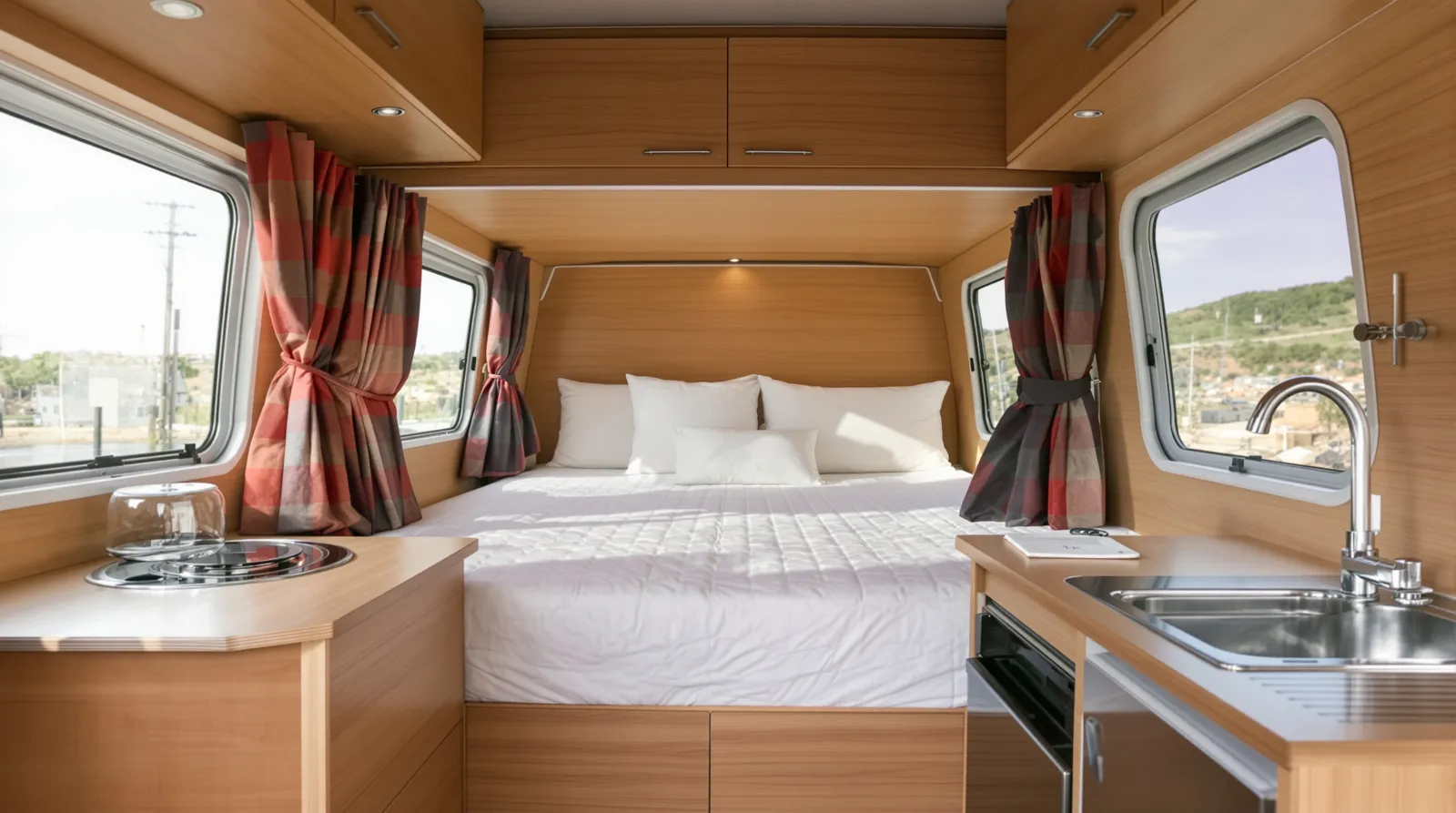 Intérieur d'un van aménagé avec couchage et coin cuisine