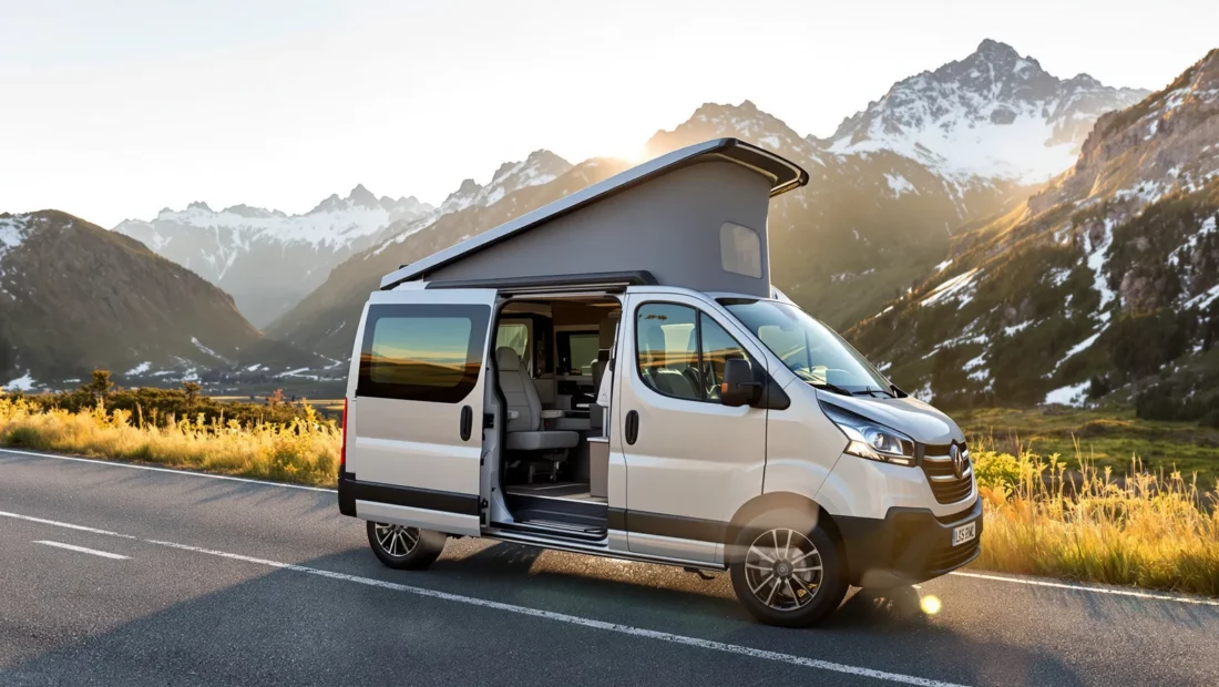 Van aménagé garé sur une route de montagne au coucher du soleil