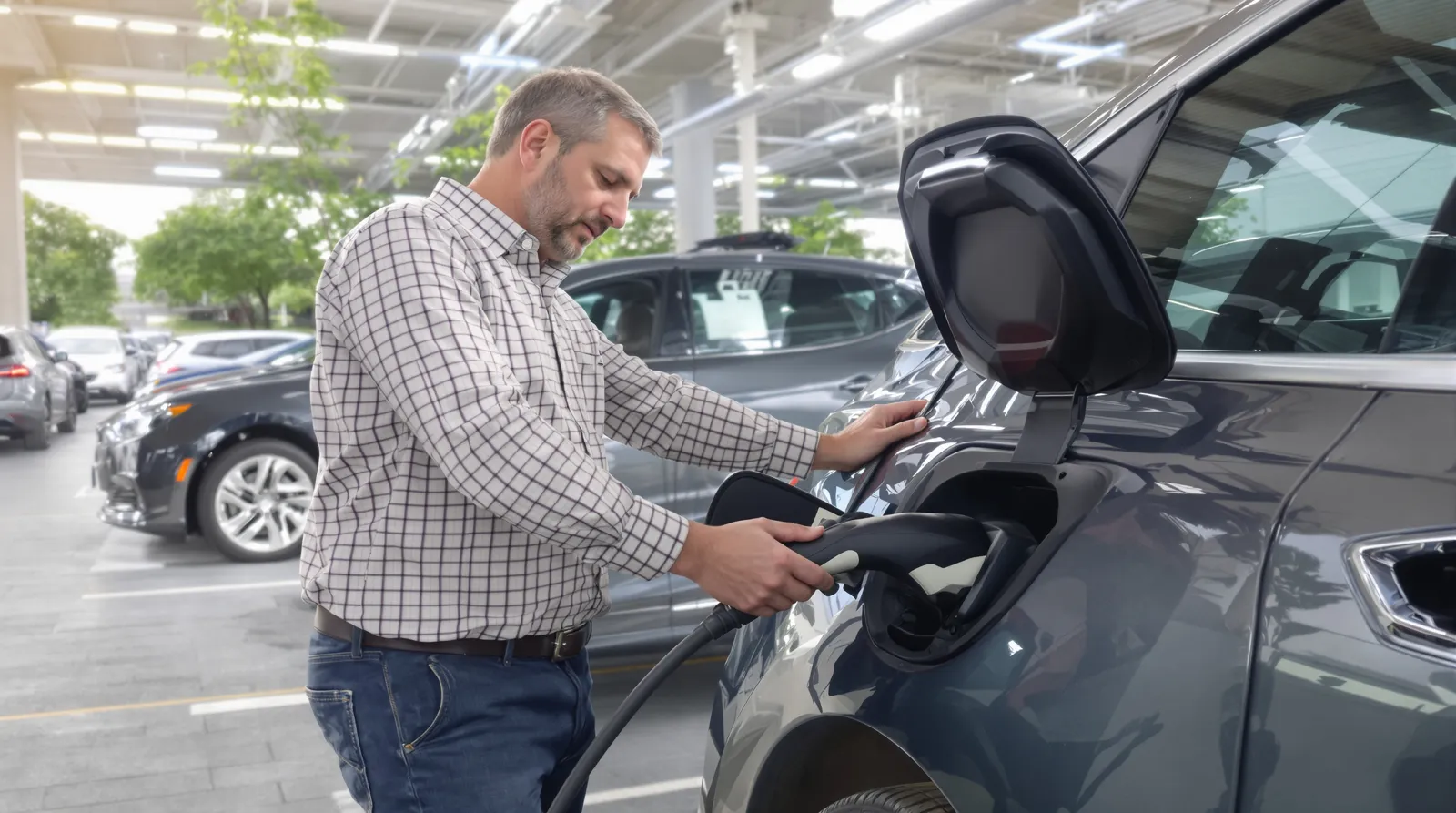 Un conseiller vérifie la prise de recharge d'une voiture électrique sur un parking de concession