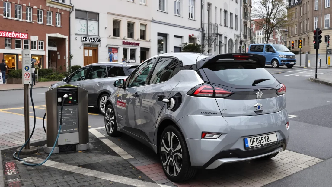 Voiture électrique compacte branchée sur une borne de recharge en ville