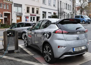 Voiture électrique compacte branchée sur une borne de recharge en ville