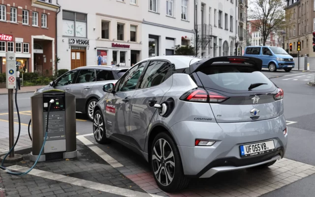 Voiture électrique compacte branchée sur une borne de recharge en ville